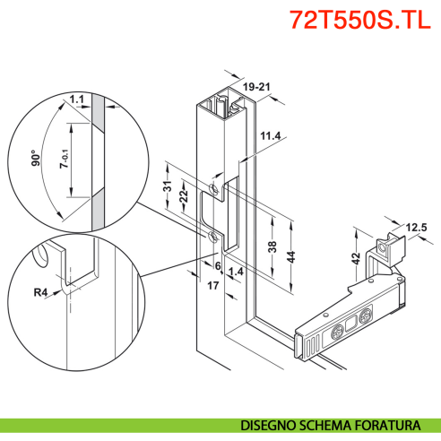 Cerniera per per anta con telaio in alluminio stretto Blum 72T550A.TL Clip Top per Aventos HF - disegno schema foratura