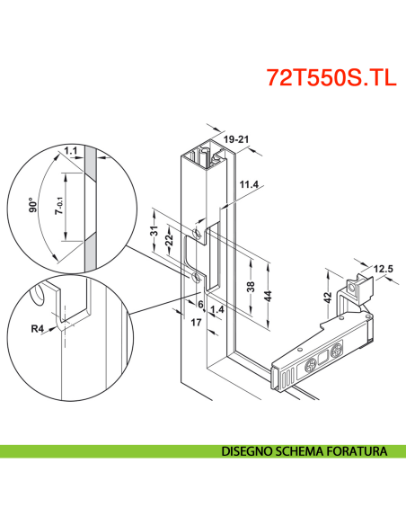 Cerniera per per anta con telaio in alluminio stretto Blum 72T550A.TL Clip Top per Aventos HF - disegno schema foratura