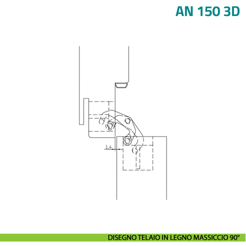 Cerniera invisibile bianca regolabile per porta Anselmi AN 150 3D - disegno telaio in legno massiccio 90°