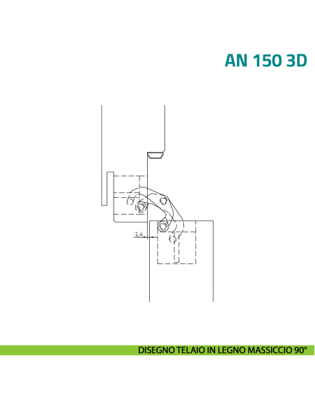 Cerniera invisibile bianca regolabile per porta Anselmi AN 150 3D - disegno telaio in legno massiccio 90°