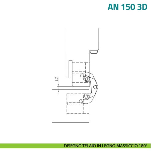 Cerniera invisibile bianca regolabile per porta Anselmi AN 150 3D - disegno telaio in legno massiccio 180°