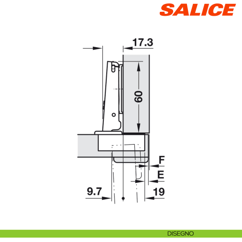 Cerniera Salice CNA7A99 Serie N apertura 94 gradi collo 0 per ante di forte spessore massimo 40 mm chiusura automatica - disegno