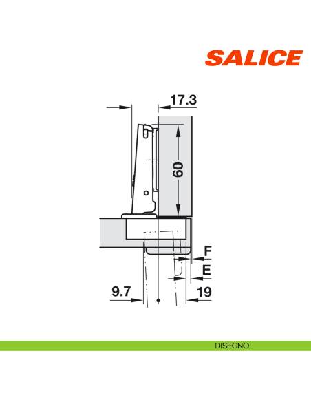 Cerniera Salice CNA7A99 Serie N apertura 94 gradi collo 0 per ante di forte spessore massimo 40 mm chiusura automatica - disegno
