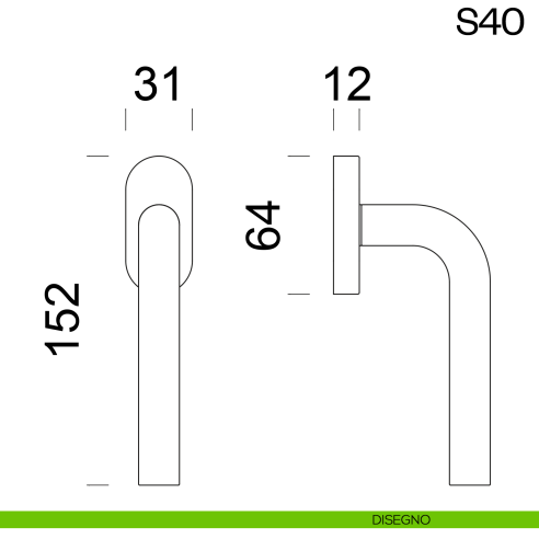 Maniglia per finestra martellina DK in acciaio S40 dnd Handles disegno
