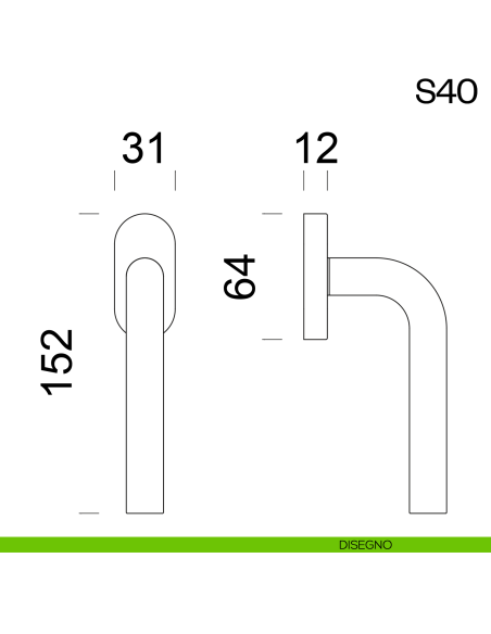 Maniglia per finestra martellina DK in acciaio S40 dnd Handles disegno