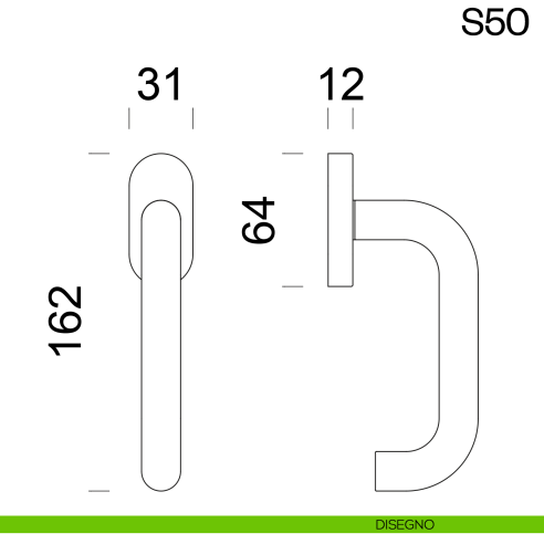 Maniglia per finestra martellina DK in acciaio S55 dnd Handles disegno