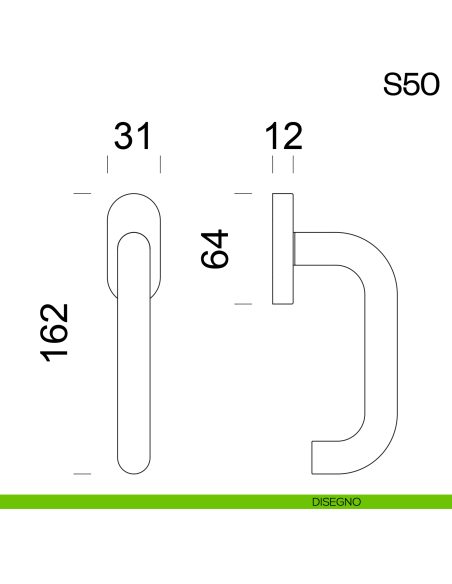 Maniglia per finestra martellina DK in acciaio S55 dnd Handles disegno