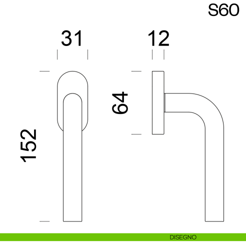 Maniglia per finestra martellina DK in acciaio S65 dnd disegno