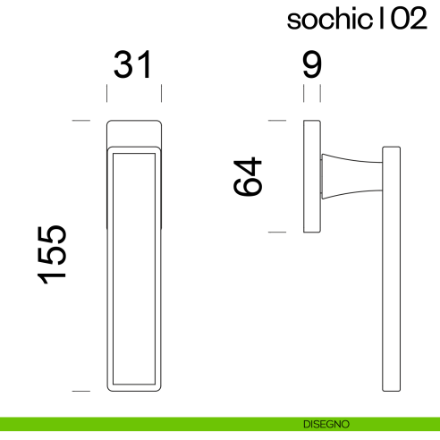 Maniglia per finestra martellina DK Sochic L 02 dnd Handles con inserto in legno disegno