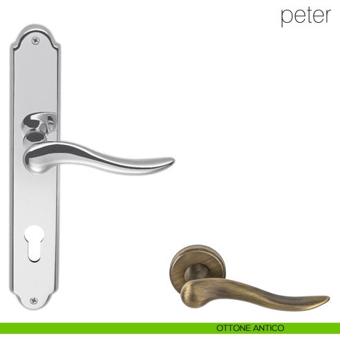 Maniglia con placca per porta Peter Colombo Design - ottone antico - foro yale