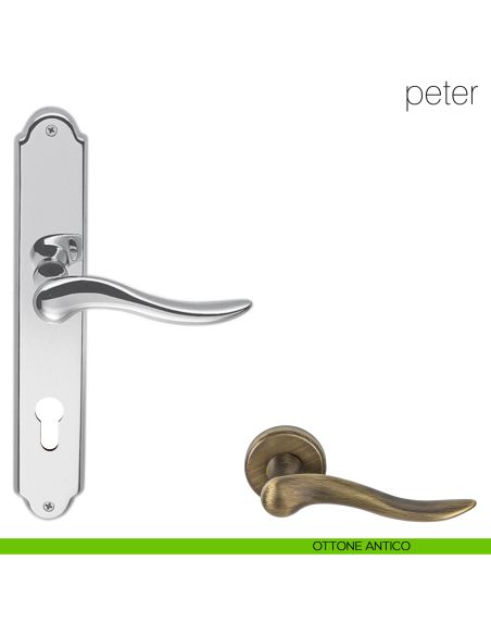 Maniglia con placca per porta Peter Colombo Design - ottone antico - foro yale
