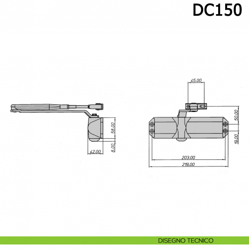 Chiudiporta aereo Meroni DC150 a forza variabile EN 2-3-4 - disegno tecnico