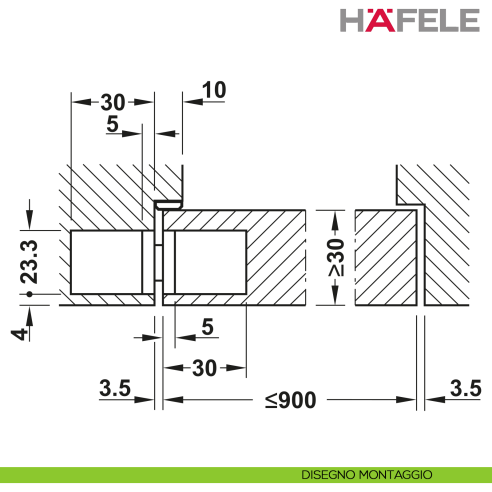 Cerniera invisibile per porta Hafele Startec H2 cromo opaco - disegno montaggio