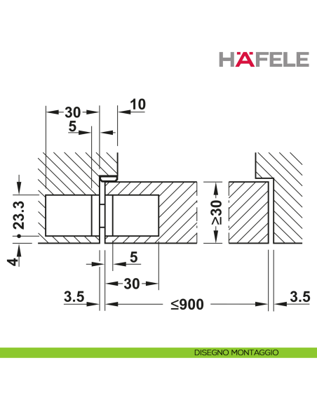Cerniera invisibile per porta Hafele Startec H2 cromo opaco - disegno montaggio