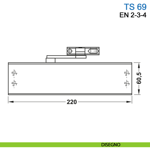 Chiudiporta aereo Dormakaba TS 69 forza EN 2-3-4 braccio con fermo - disegno