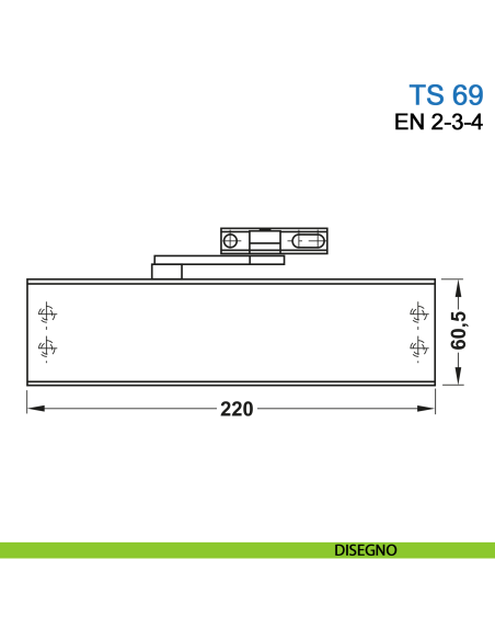 Chiudiporta aereo Dormakaba TS 69 forza EN 2-3-4 braccio con fermo - disegno