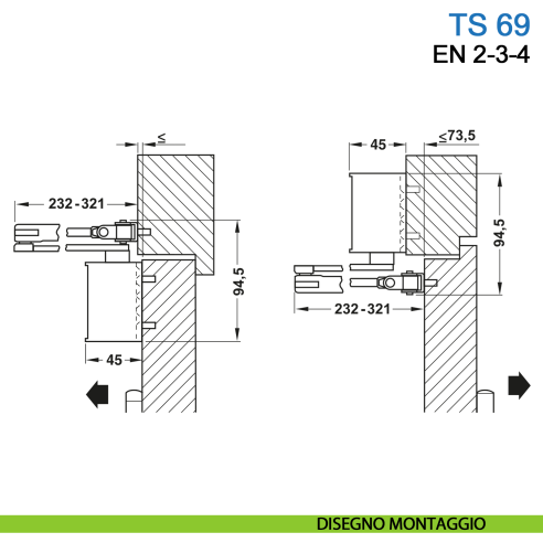 Chiudiporta aereo Dormakaba TS 69 forza EN 2-3-4 braccio con fermo - disegno montaggio