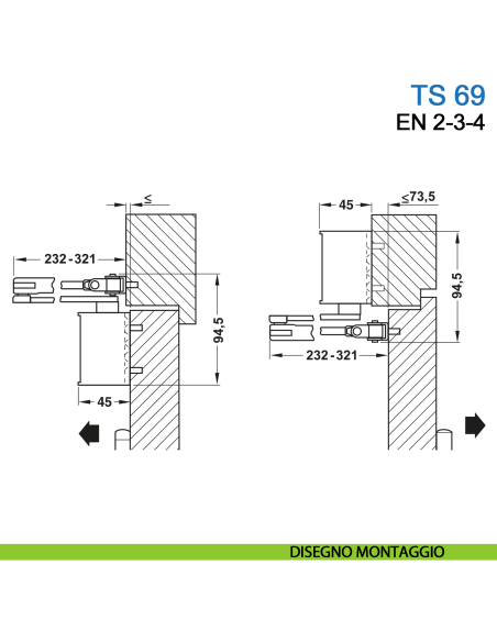 Chiudiporta aereo Dormakaba TS 69 forza EN 2-3-4 braccio con fermo - disegno montaggio
