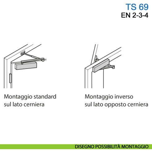 Chiudiporta aereo Dormakaba TS 69 forza EN 2-3-4 braccio con fermo - disegno possibilità montaggio