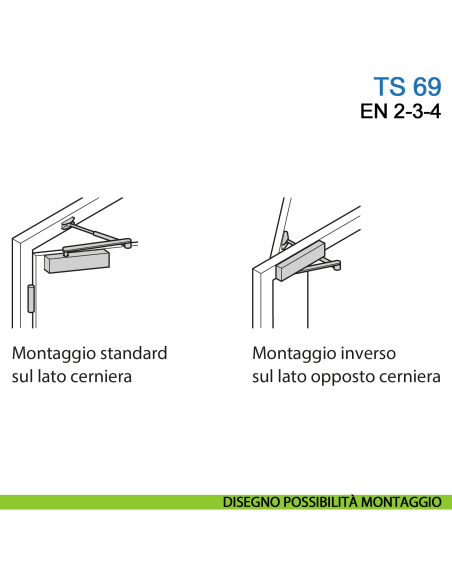 Chiudiporta aereo Dormakaba TS 69 forza EN 2-3-4 braccio con fermo - disegno possibilità montaggio
