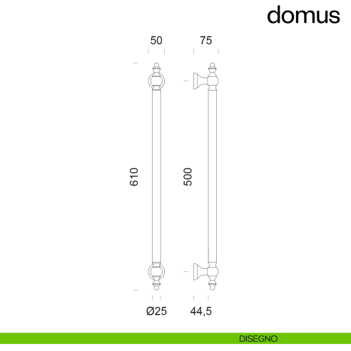 Maniglione per porta Domus dnd Handles singolo interasse 500 mm disegno