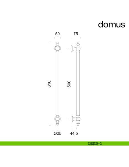 Maniglione per porta Domus dnd Handles singolo interasse 500 mm disegno