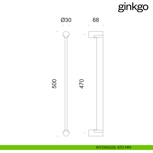 Maniglione per porta Ginkgo dnd Handles singolo disegno 500 mm
