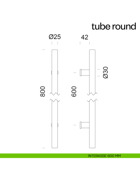 Maniglione per porta Tube Round dnd Handles accoppiato interasse 600 mm