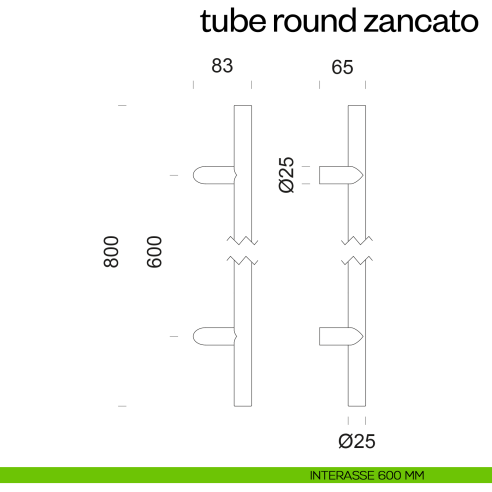 Maniglione per porta Tube Round Zancato dnd Handles accoppiato interasse 600 mm