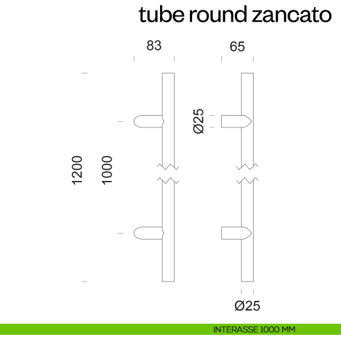 Maniglione per porta Tube Round Zancato dnd Handles accoppiato interasse 1000 mm