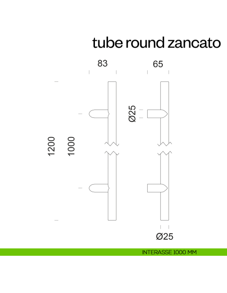 Maniglione per porta Tube Round Zancato dnd Handles accoppiato interasse 1000 mm