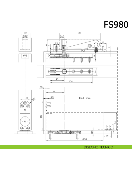 Cerniera chiudiporta a pavimento Meroni FS980 per porte a bilico pivot disegno