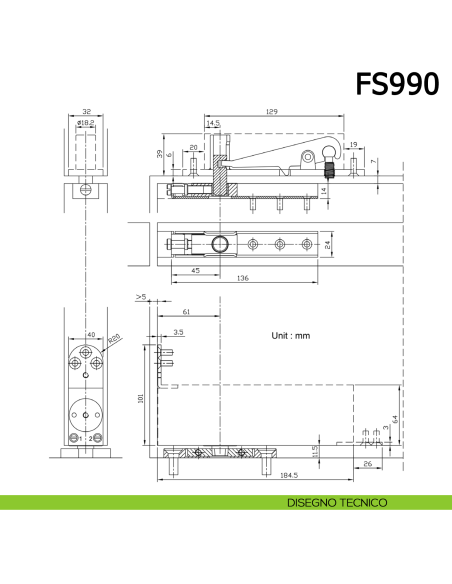 Cerniera chiudiporta a pavimento Meroni FS990 per porte a bilico pivot - disegno