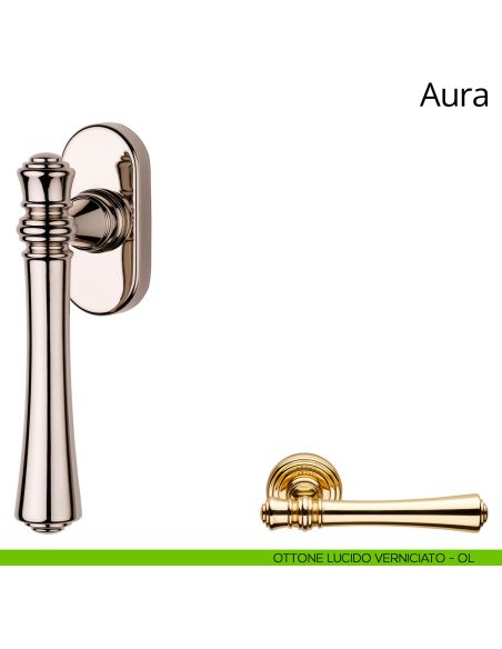 Maniglia per finestra martellina DK Aura Linea Calì ottone lucido verniciato