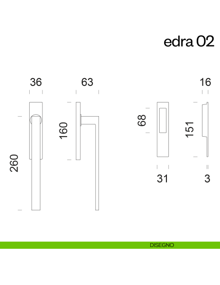 Maniglione per alzante scorrevole Edra 02 dnd Handles singolo disegno