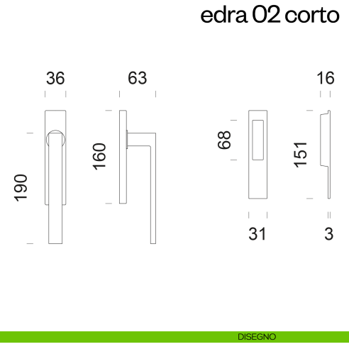 Maniglione per alzante scorrevole Edra 02 Corto dnd Handles singolo disegno