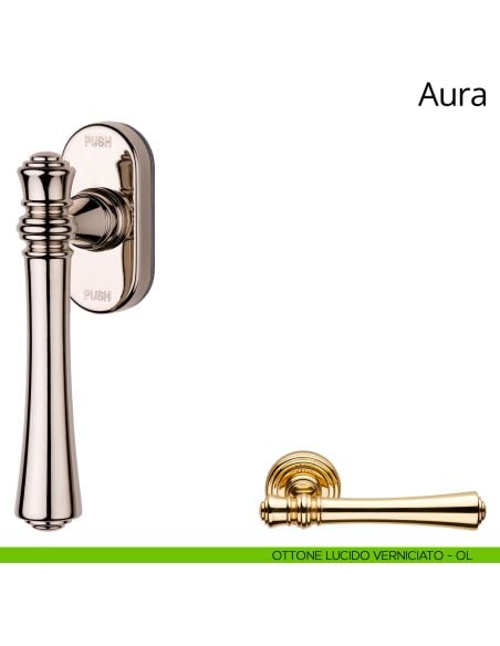 Maniglia per finestra martellina DK antintrusione Aura Linea Calì ottone lucido verniciato