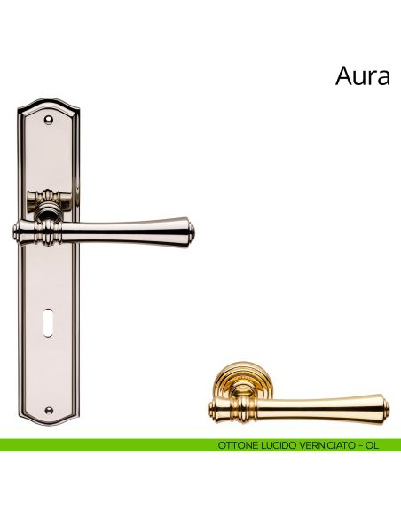Maniglia con placca per porta Aura Linea Calì foro patent ottone lucido verniciato