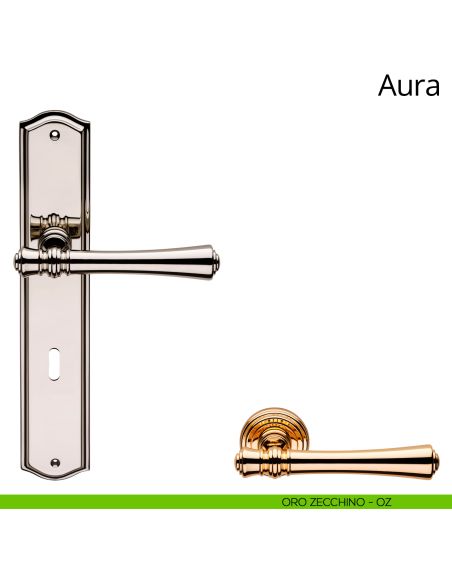 Maniglia con placca per porta Aura Linea Calì foro patent oro zecchino