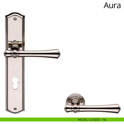 Maniglia con placca per porta Aura Linea Calì foro yale nickel lucido