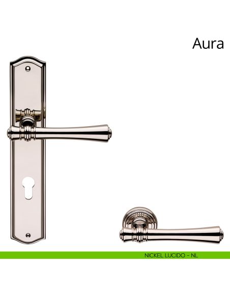 Maniglia con placca per porta Aura Linea Calì foro yale nickel lucido