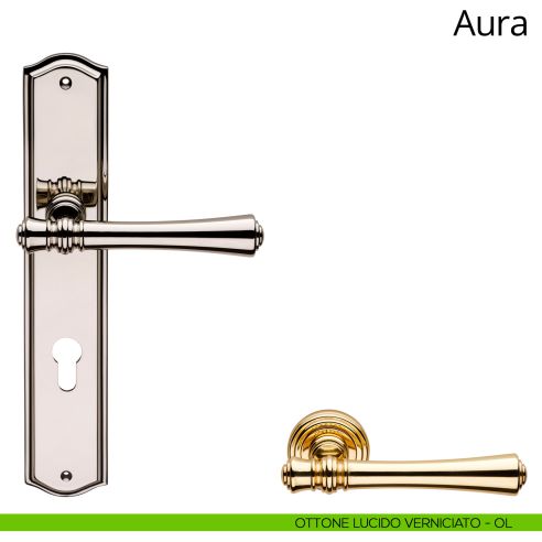 Maniglia con placca per porta Aura Linea Calì foro yale ottone lucido verniciato