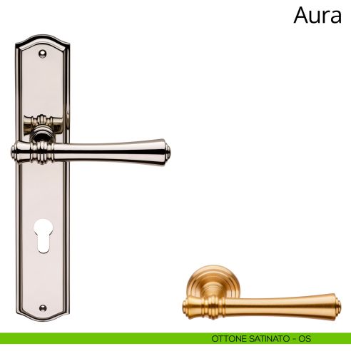 Maniglia con placca per porta Aura Linea Calì foro yale ottone satinato
