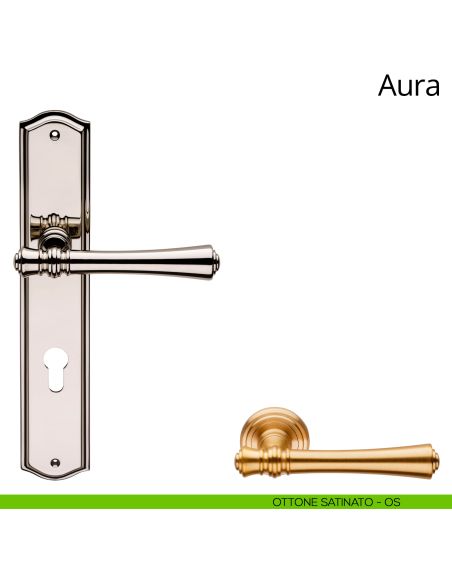 Maniglia con placca per porta Aura Linea Calì foro yale ottone satinato