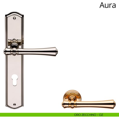 Maniglia con placca per porta Aura Linea Calì foro yale oro zecchino