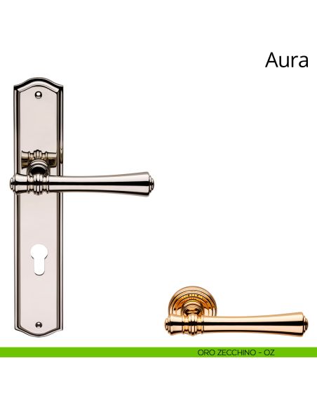 Maniglia con placca per porta Aura Linea Calì foro yale oro zecchino