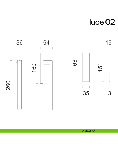 Maniglione per alzante scorrevole Luce 02 dnd singolo disegno