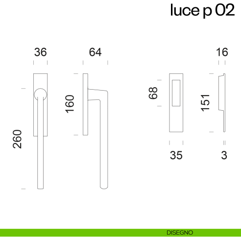 Maniglione per alzante scorrevole Luce P 02 dnd singolo disegno