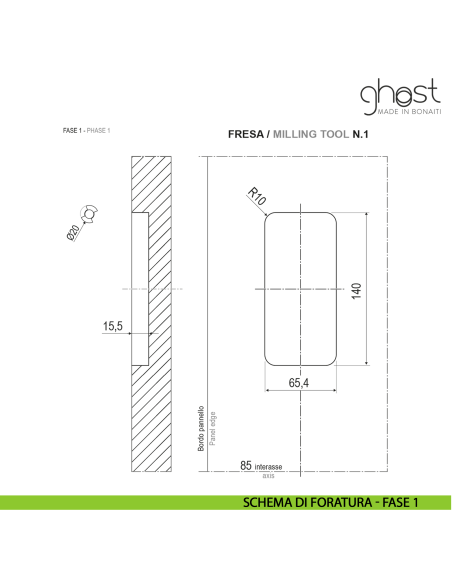 Maniglia invisibile Ghost Bonaiti passage con contropiastra per porta in legno 310-GF42 - disegno fase 1
