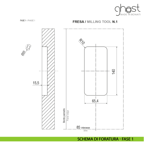Maniglia invisibile Ghost Bonaiti passage con contropiastra per profilo in alluminio 310-GAL3 - disegno fase 1